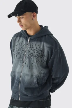 Oversized Boxy Acid Wash Studded Applique Hoodie | BoohooMAN UK