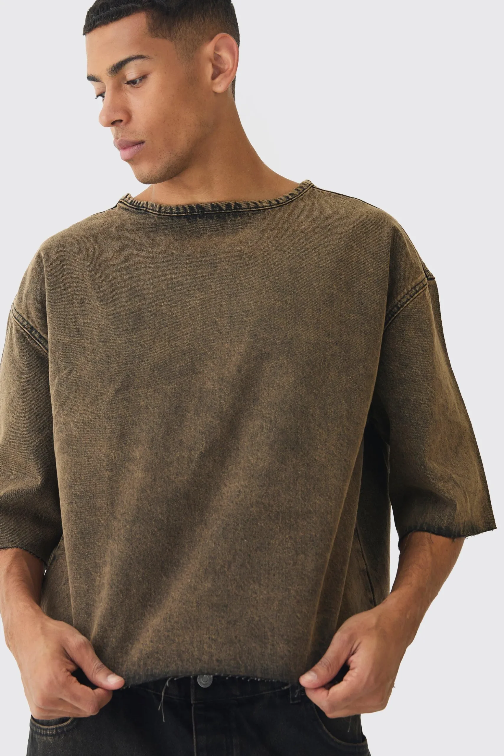 Oversized Boxy Acid Wash Denim T-Shirt | BoohooMAN UK