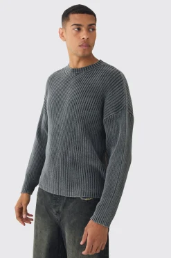 Oversized Boxy Acid Wash Jumper In Charcoal | BoohooMAN UK