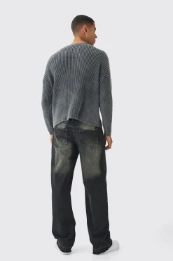 Oversized Boxy Acid Wash Jumper In Charcoal | BoohooMAN UK