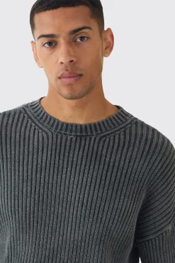 Oversized Boxy Acid Wash Jumper In Charcoal | BoohooMAN UK