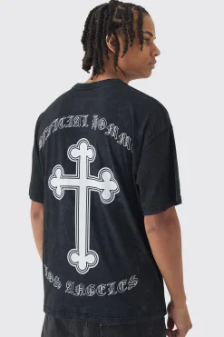 Oversized Boxy Acid Wash Cross Back Print T-Shirt | BoohooMAN UK