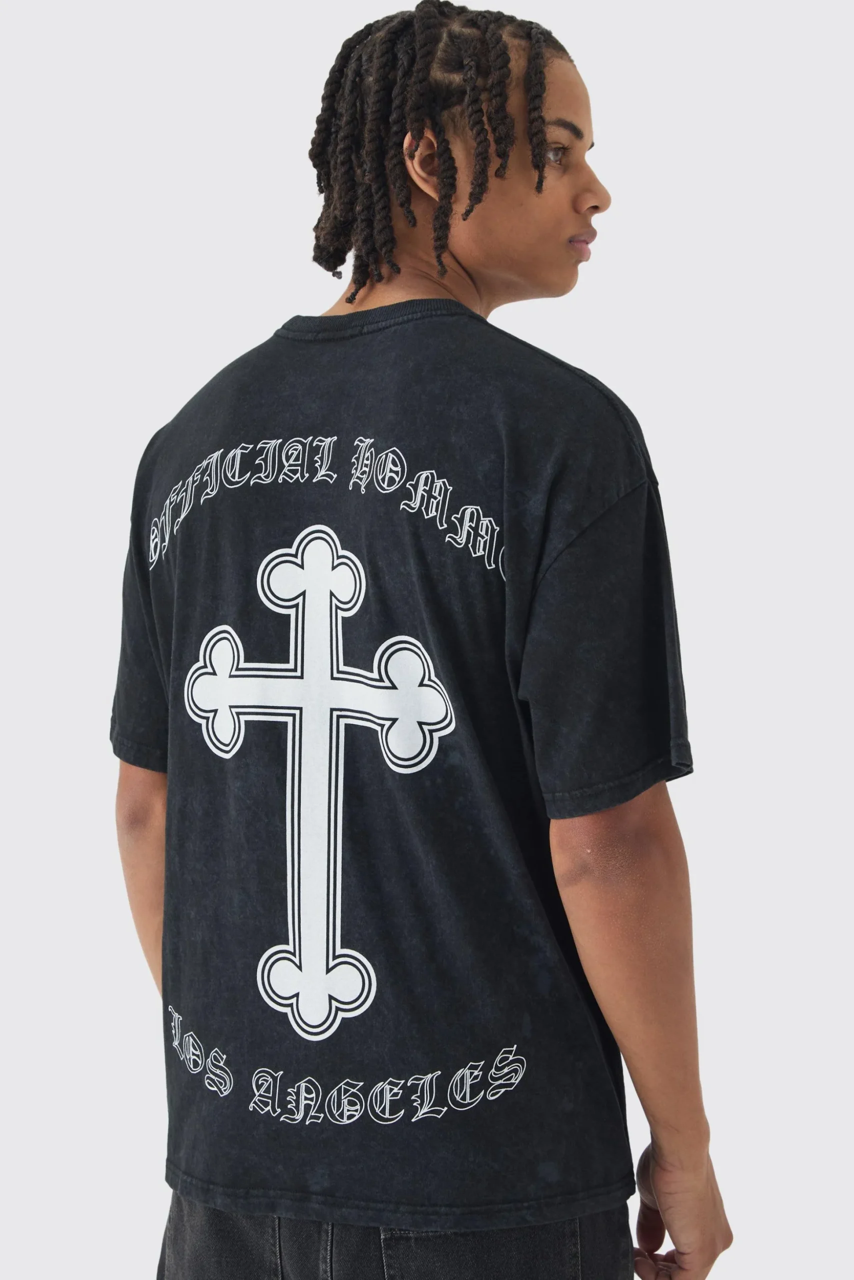 Oversized Boxy Acid Wash Cross Back Print T-Shirt | BoohooMAN UK