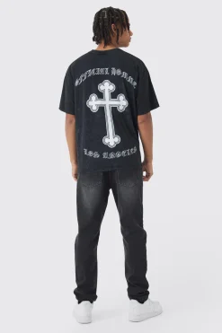 Oversized Boxy Acid Wash Cross Back Print T-Shirt | BoohooMAN UK