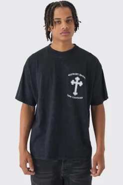 Oversized Boxy Acid Wash Cross Back Print T-Shirt | BoohooMAN UK