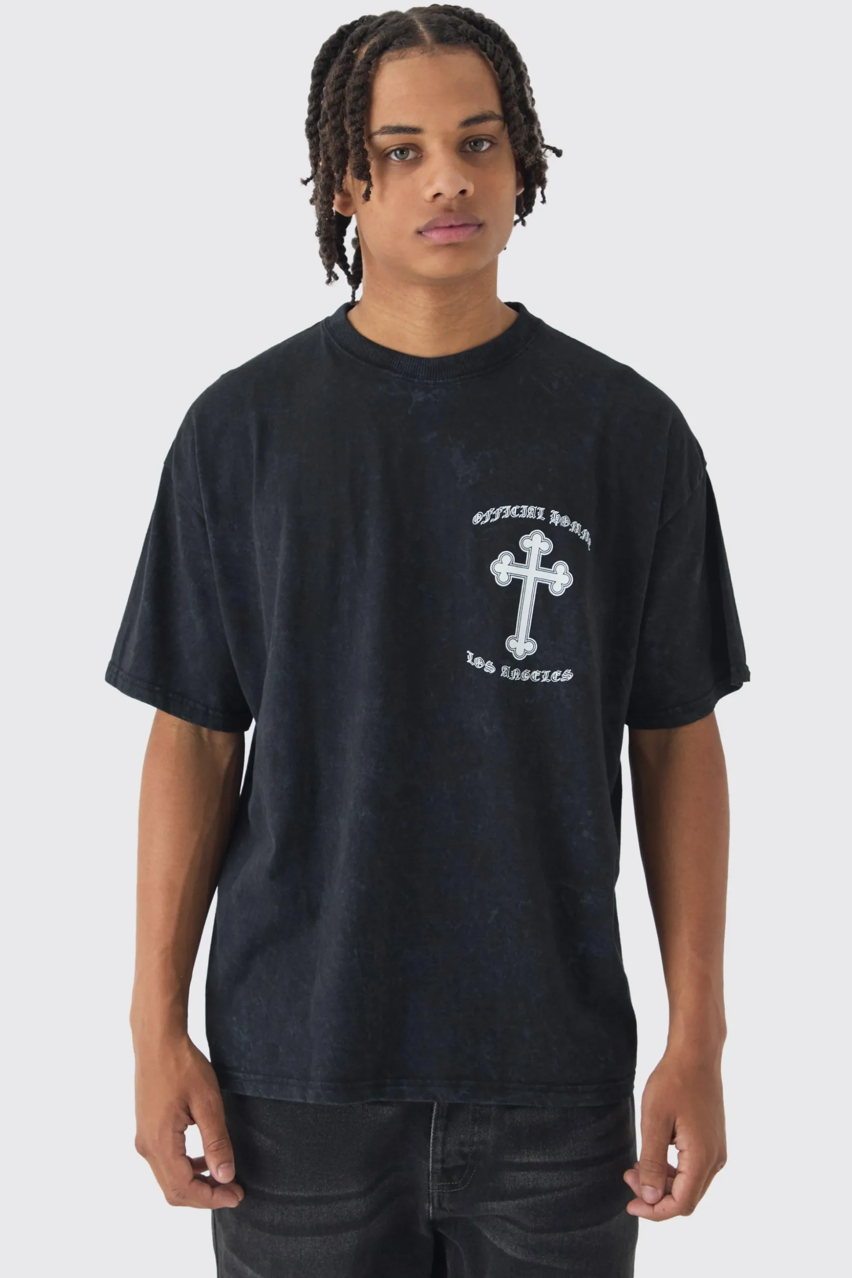 Oversized Boxy Acid Wash Cross Back Print T-Shirt | BoohooMAN UK