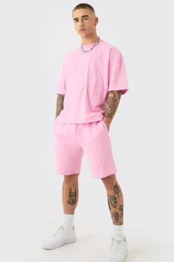 Oversized Boxy All Over Heart Applique T-shirt & Shorts Set | BoohooMAN UK