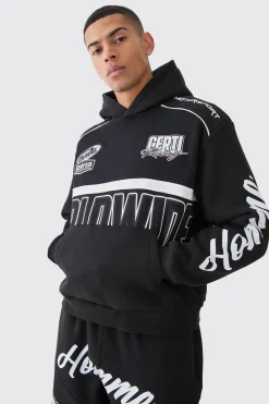 Oversized Boxy Applique Moto Hoodie | BoohooMAN UK