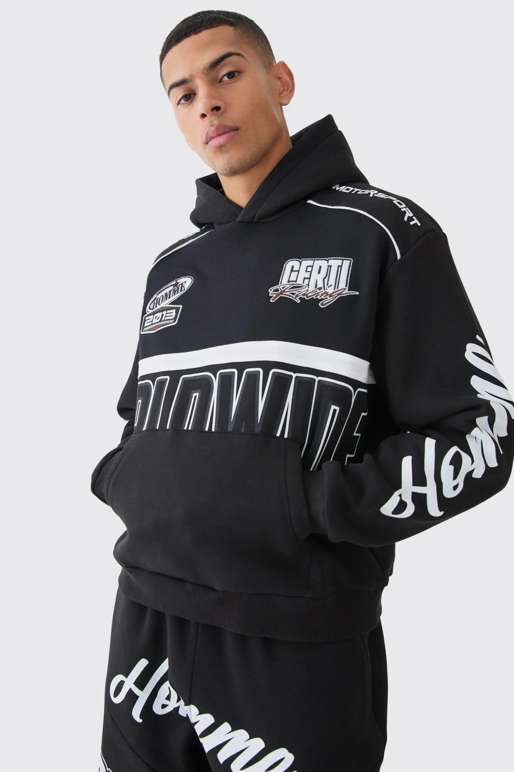 Oversized Boxy Applique Moto Hoodie | BoohooMAN UK