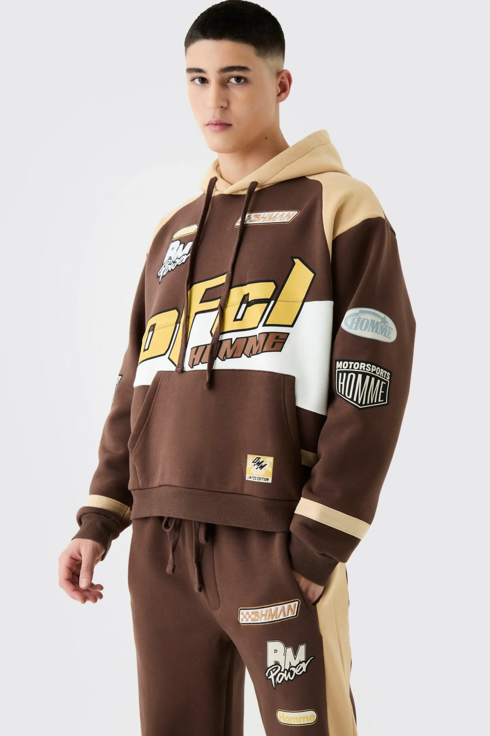 Oversized Boxy Applique Moto Hooded Tracksuit | BoohooMAN UK