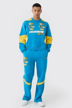 Oversized Boxy Applique Moto Sweatshirt Tracksuit | BoohooMAN UK
