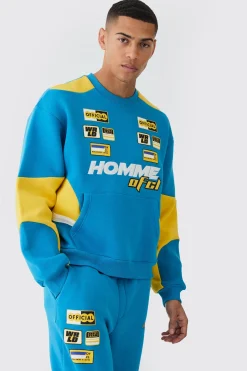 Oversized Boxy Applique Moto Sweatshirt Tracksuit | BoohooMAN UK