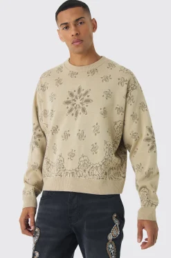 Oversized Boxy Bandana Print Knitted Jumper | BoohooMAN UK