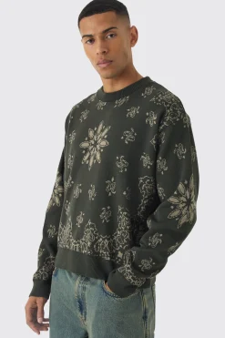 Oversized Boxy Bandana Print Knitted Jumper | BoohooMAN UK