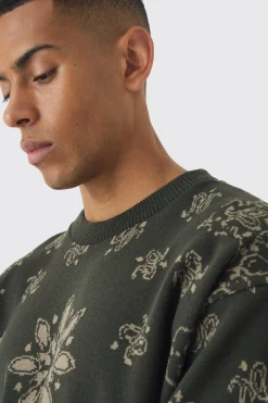Oversized Boxy Bandana Print Knitted Jumper | BoohooMAN UK