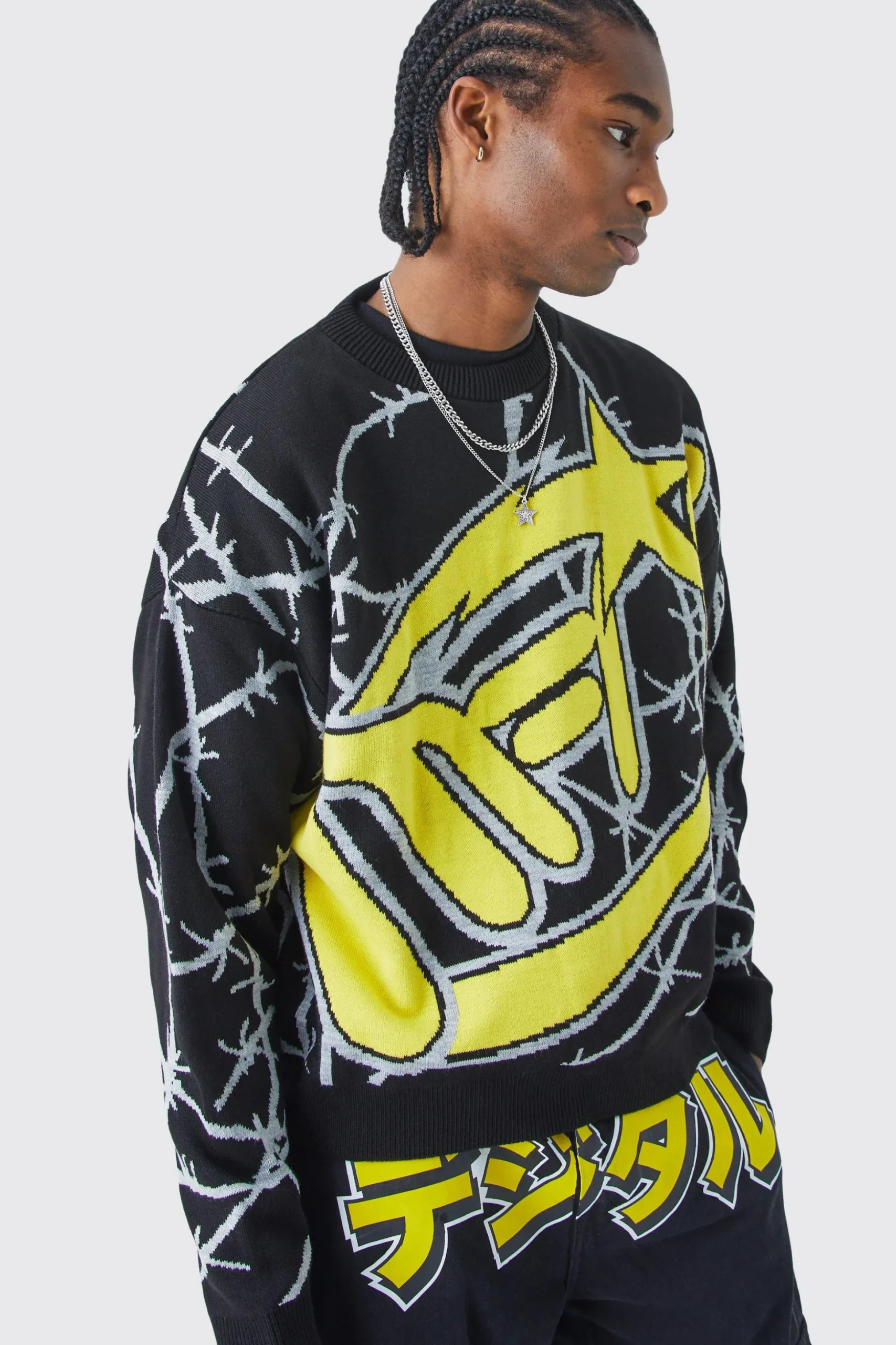Oversized Boxy Barbwire Print Knitted Jumper | BoohooMAN UK