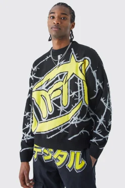 Oversized Boxy Barbwire Print Knitted Jumper | BoohooMAN UK
