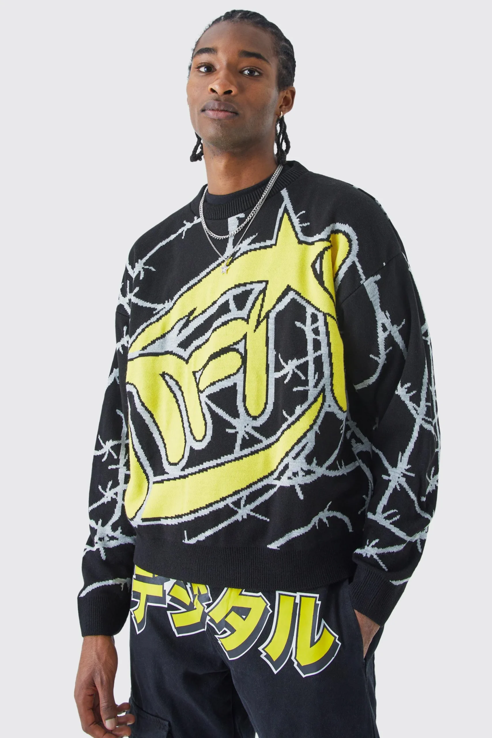 Oversized Boxy Barbwire Print Knitted Jumper | BoohooMAN UK