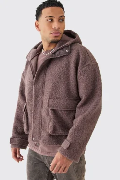 Oversized Boxy Boucle Borg Zip Thru Cargo Hoodie | BoohooMAN UK
