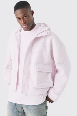 Oversized Boxy Boucle Borg Zip Thru Cargo Hoodie | BoohooMAN UK