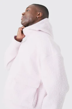 Oversized Boxy Boucle Borg Zip Thru Cargo Hoodie | BoohooMAN UK