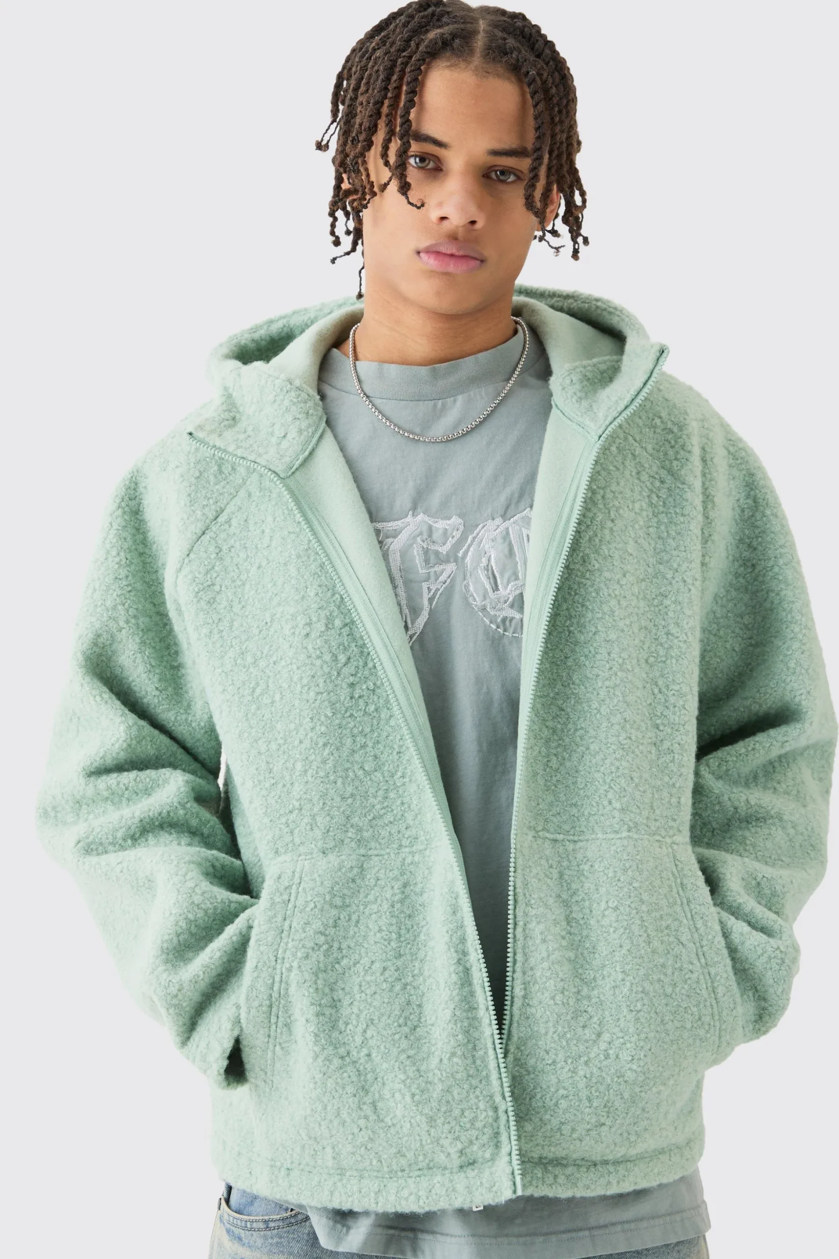 Oversized Boxy Boucle Borg Zip Thru Hoodie | BoohooMAN UK