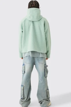 Oversized Boxy Boucle Borg Zip Thru Hoodie | BoohooMAN UK