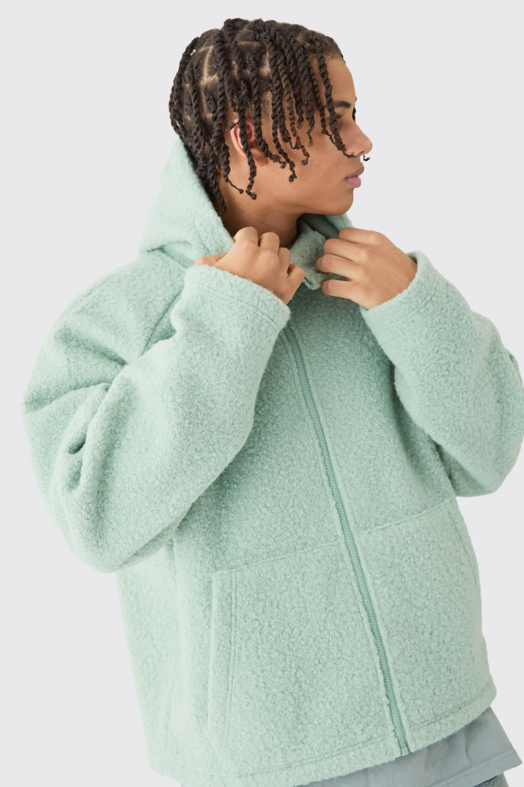 Oversized Boxy Boucle Borg Zip Thru Hoodie | BoohooMAN UK