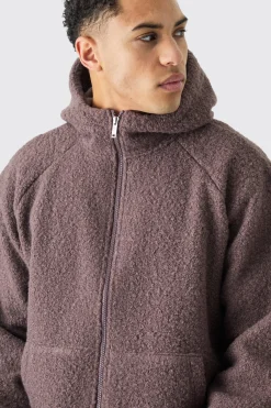 Oversized Boxy Boucle Borg Zip Thru Hoodie | BoohooMAN UK