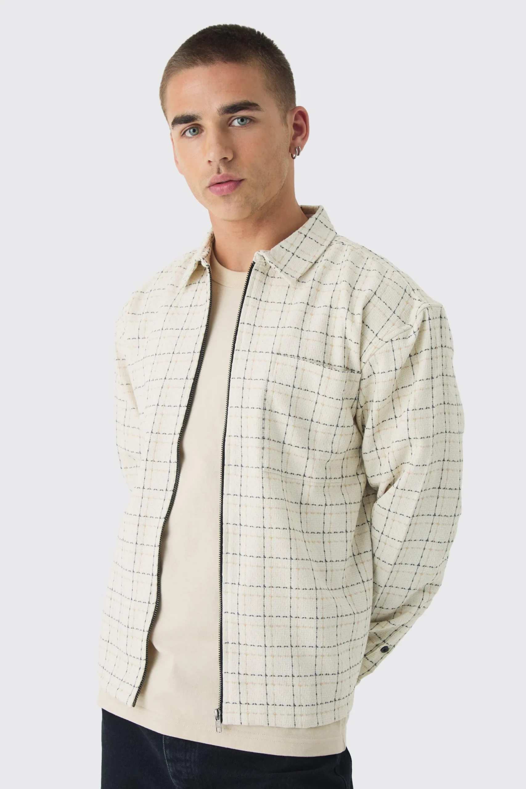 Oversized Boxy Boucle Check Zip Overshirt | BoohooMAN UK
