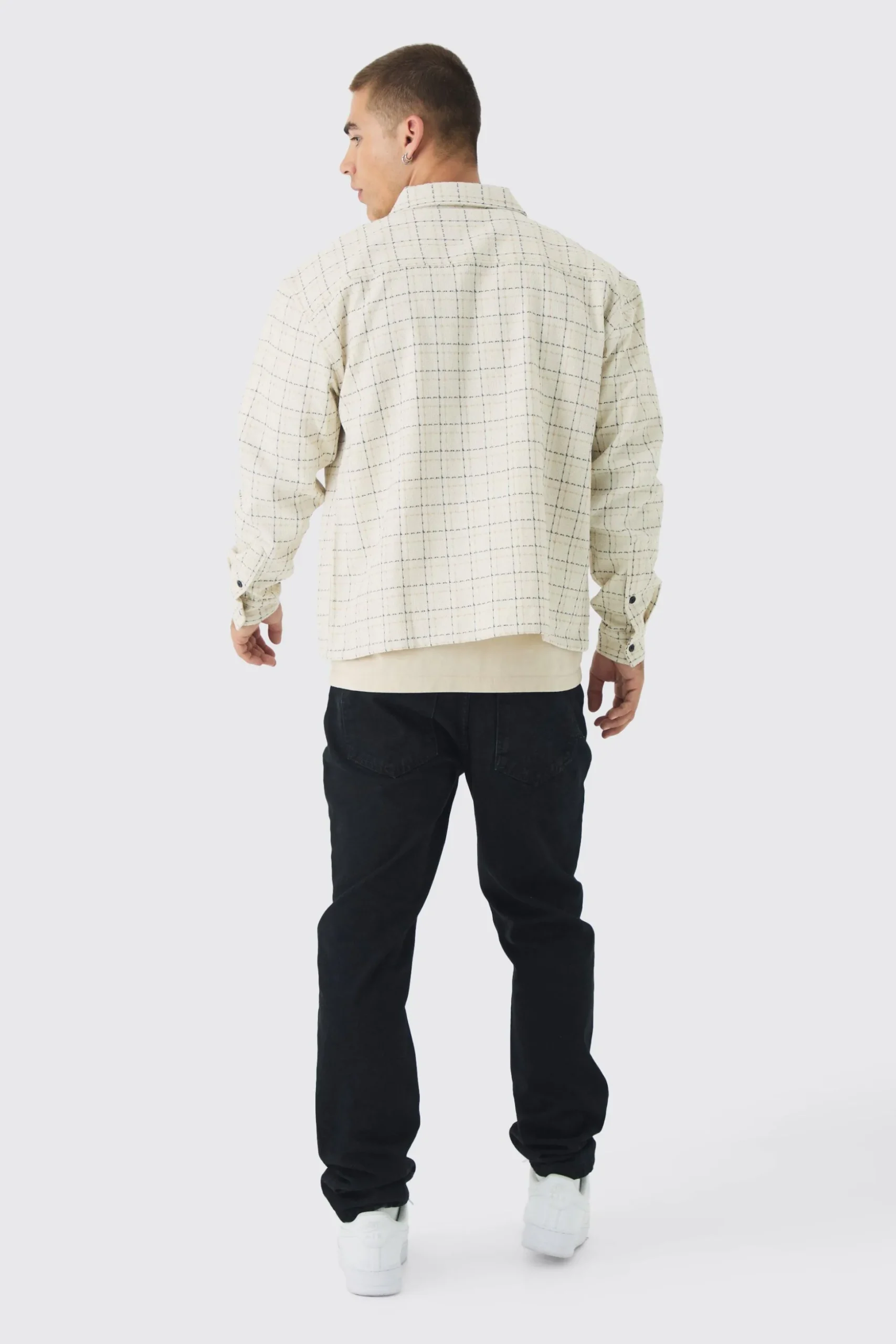 Oversized Boxy Boucle Check Zip Overshirt | BoohooMAN UK