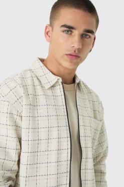Oversized Boxy Boucle Check Zip Overshirt | BoohooMAN UK