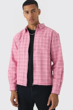 Oversized Boxy Boucle Check Zip Overshirt | BoohooMAN UK