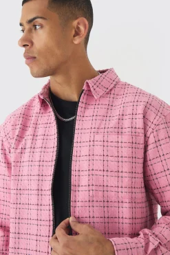 Oversized Boxy Boucle Check Zip Overshirt | BoohooMAN UK