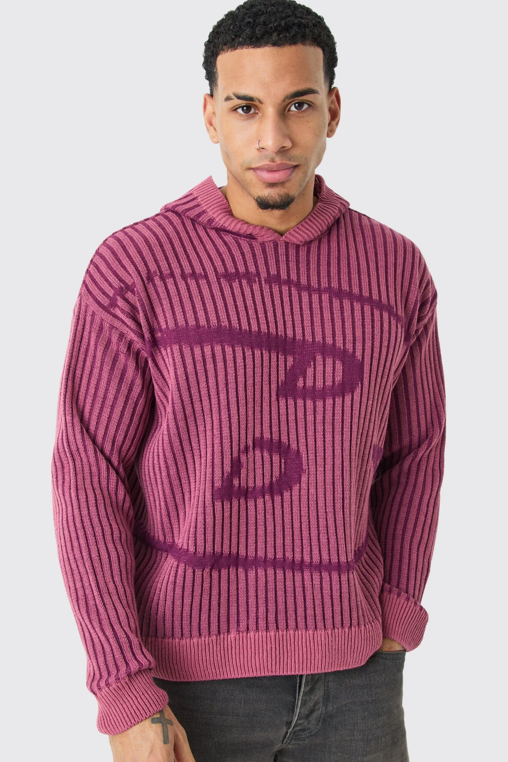 Oversized Boxy Branded Knitted Hoodie | BoohooMAN UK