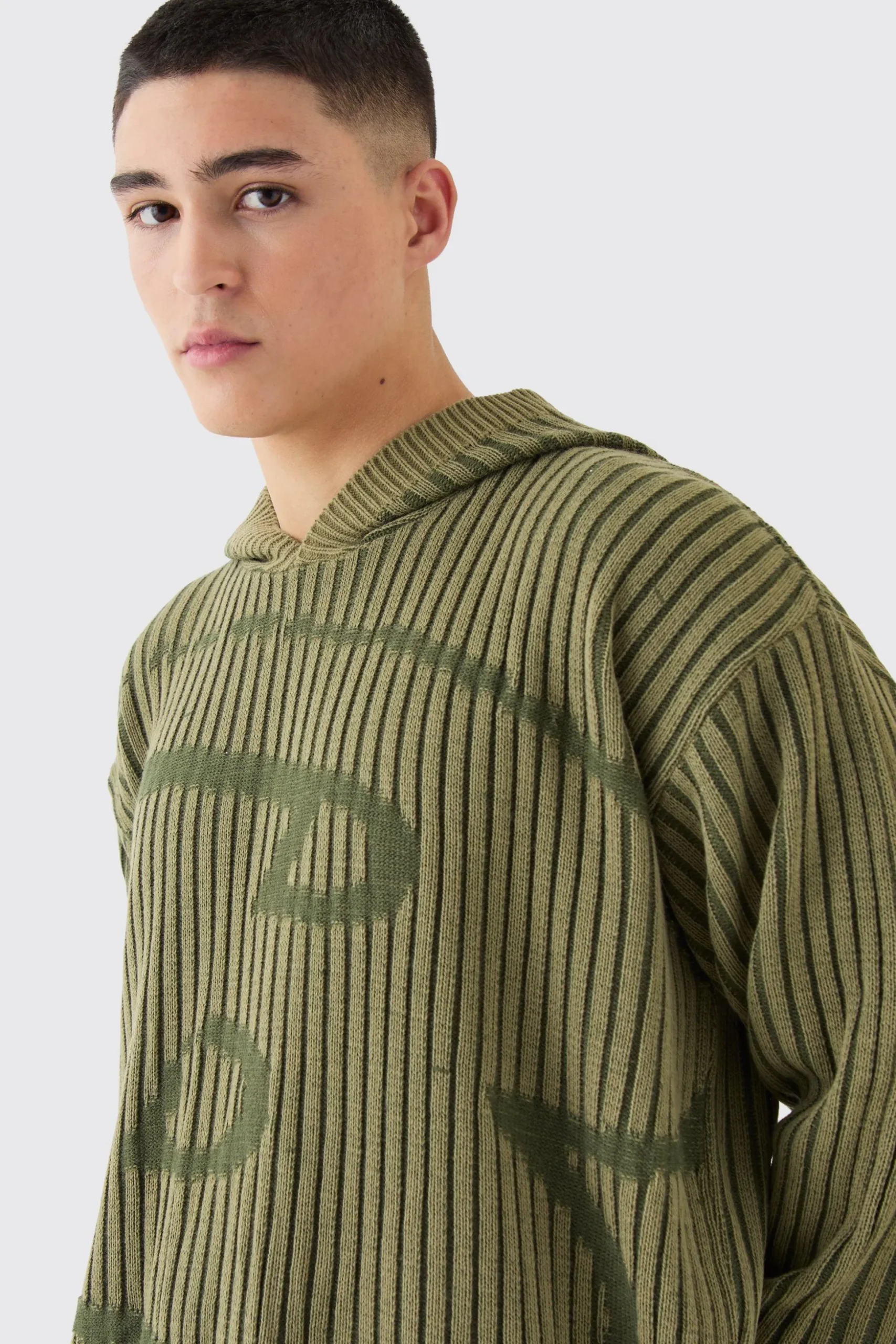Oversized Boxy Branded Knitted Hoodie | BoohooMAN UK