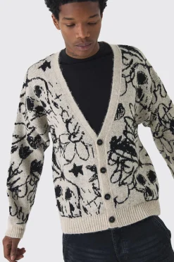 Oversized Boxy Brushed All Over Jacquard Knitted Cardigan | BoohooMAN UK