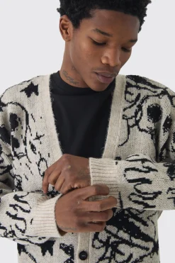 Oversized Boxy Brushed All Over Jacquard Knitted Cardigan | BoohooMAN UK