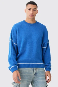 Oversized Boxy Brushed Contrast Stitch Knit Jumper | BoohooMAN UK