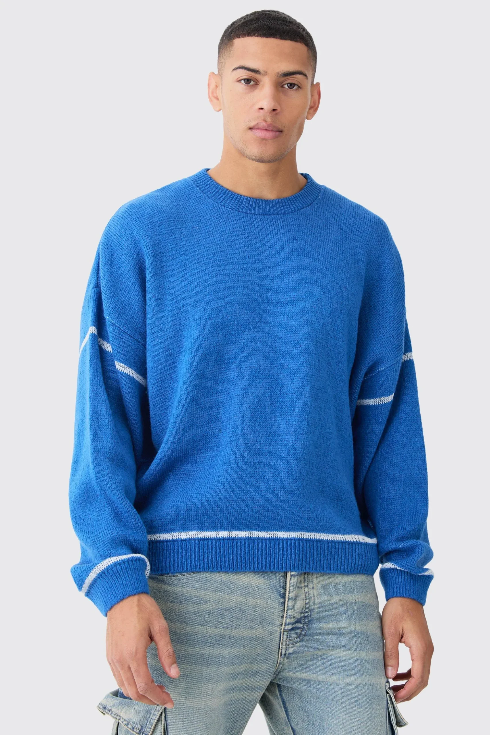 Oversized Boxy Brushed Contrast Stitch Knit Jumper | BoohooMAN UK