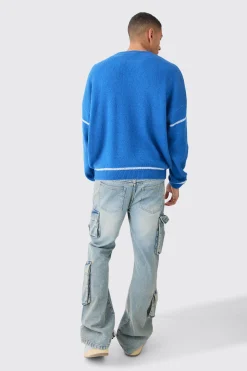 Oversized Boxy Brushed Contrast Stitch Knit Jumper | BoohooMAN UK