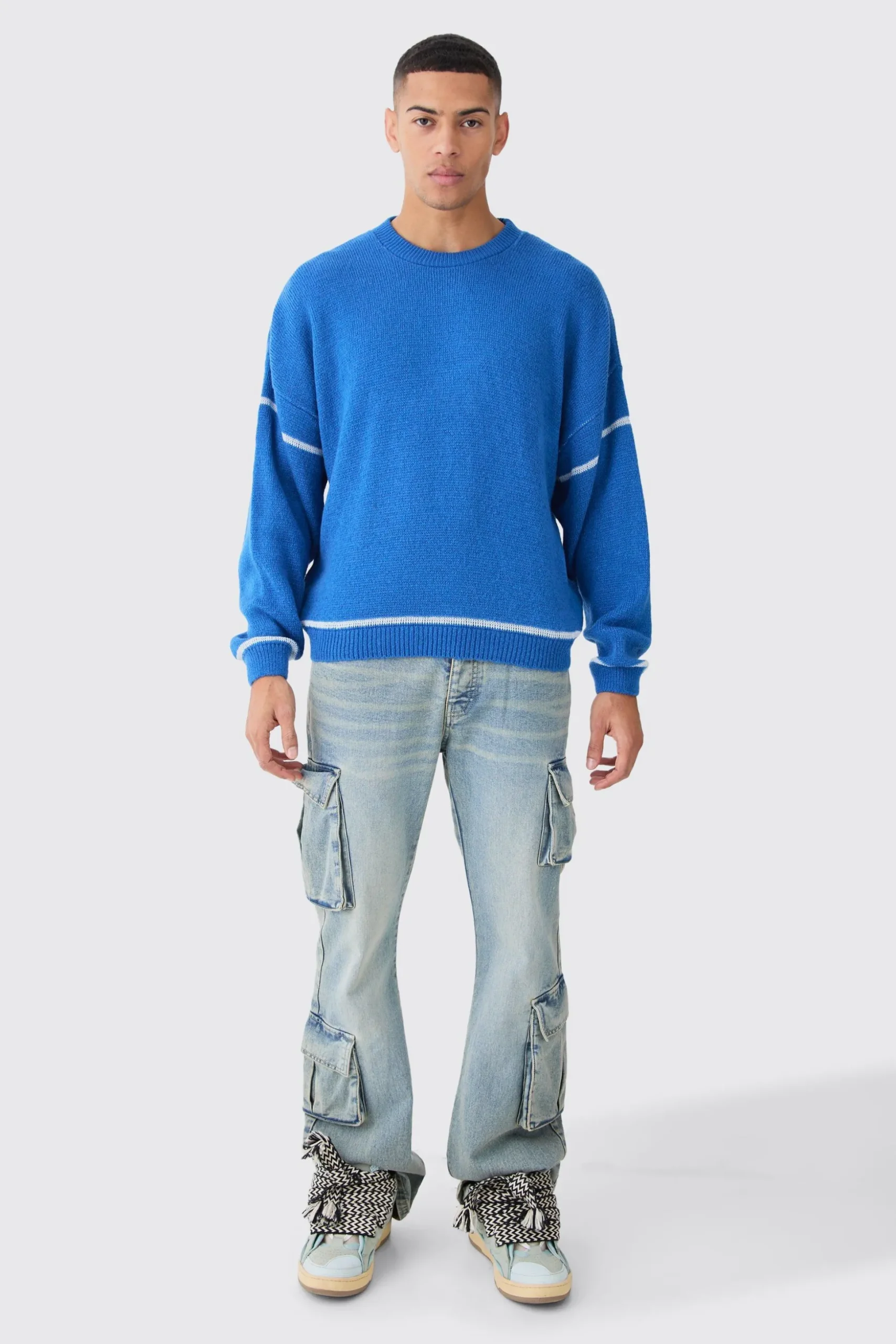 Oversized Boxy Brushed Contrast Stitch Knit Jumper | BoohooMAN UK