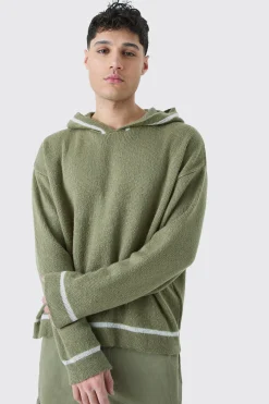 Oversized Boxy Brushed Contrast Stitch Knit Hoodie | BoohooMAN UK