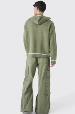 Oversized Boxy Brushed Contrast Stitch Knit Hoodie | BoohooMAN UK