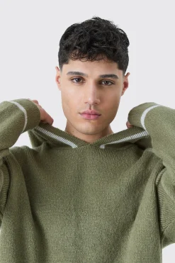 Oversized Boxy Brushed Contrast Stitch Knit Hoodie | BoohooMAN UK