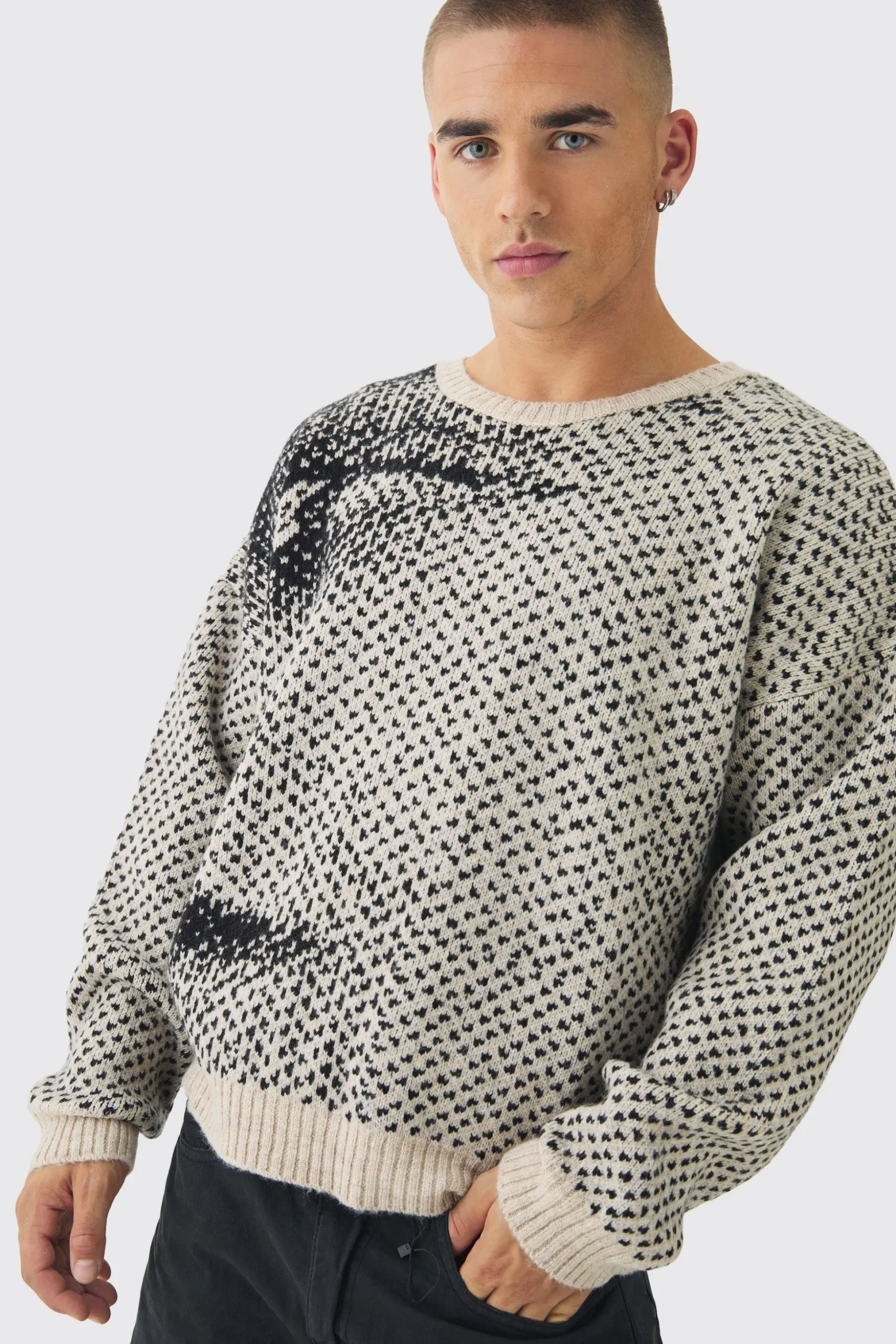 Oversized Boxy Brushed Face All Over Jacquard Jumper | BoohooMAN UK