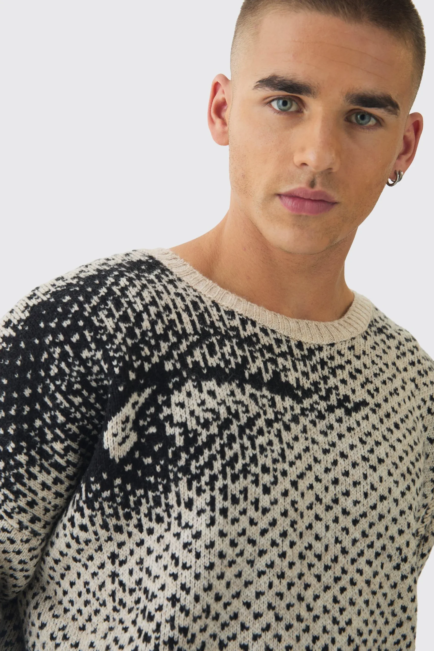 Oversized Boxy Brushed Face All Over Jacquard Jumper | BoohooMAN UK