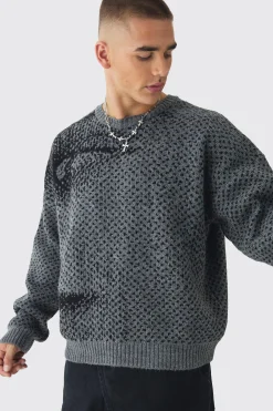 Oversized Boxy Brushed Face All Over Jacquard Jumper | BoohooMAN UK