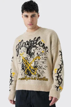 Oversized Boxy Brushed Graphic Knitted Jumper | BoohooMAN UK