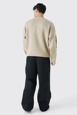 Oversized Boxy Brushed Graphic Knitted Jumper | BoohooMAN UK